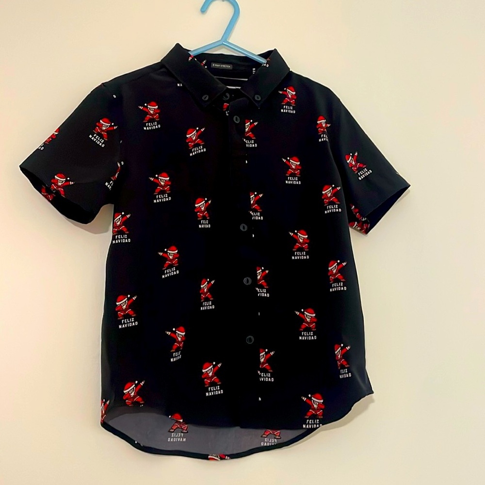 Boys Feliz Navidad Dab Short Sleeve Collared Shirt Dress Performance Material
